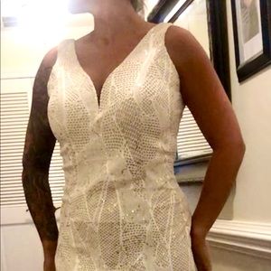 BaileyBlue floor length gown. Size 8, gold sequins over and off white material.